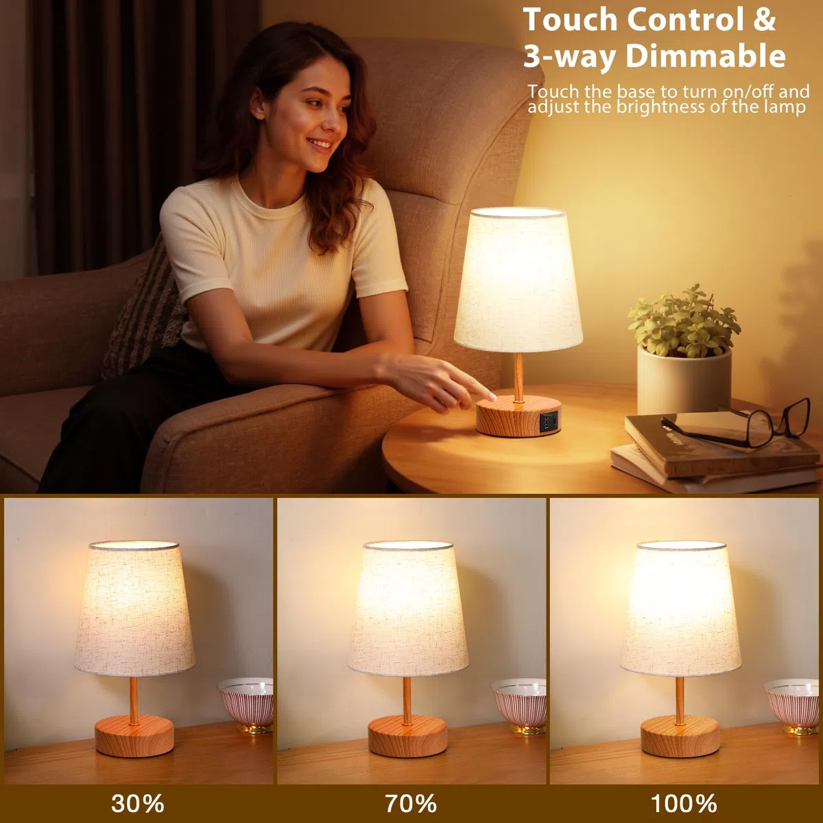 Lampada da Comodino Touch con Porte di Ricarica USB-C+A, Dimmerabile a 3 Vie, Paralume in Lino Base in Legno Scuro, Piccola Lampada da Tavolo per Camera da Letto Soggiorno Ufficio