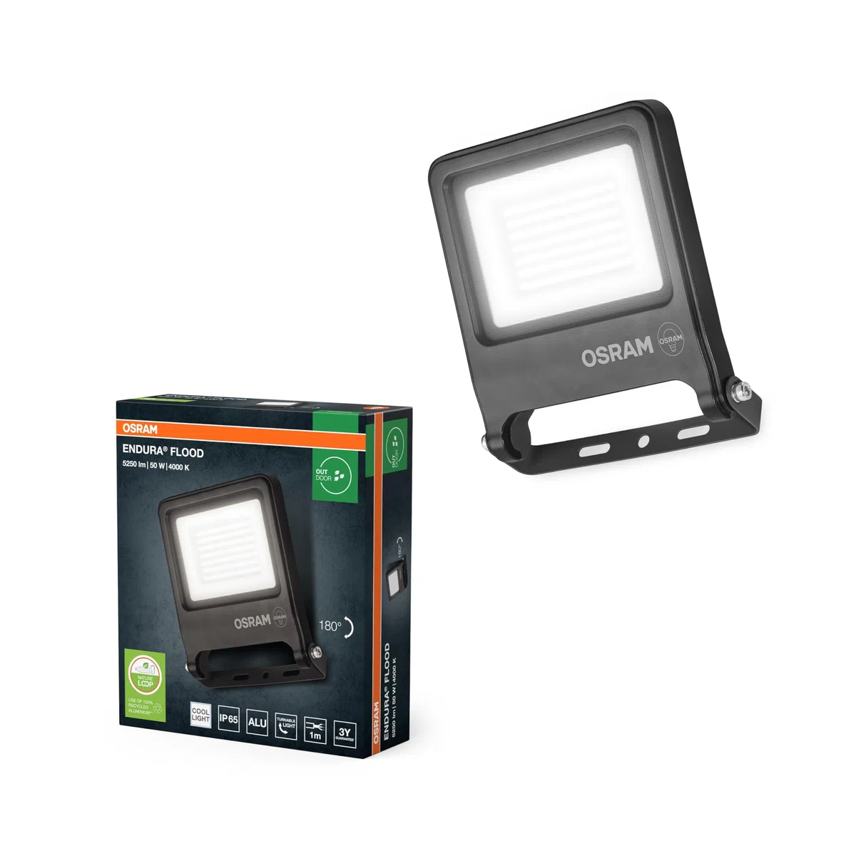 OSRAM Proiettore LED ENDURA FLOOD PC 50W, bianco freddo 4000K, 5000 lumen, proiettore IP65 per grandi aree, alluminio riciclato, efficienza 100 lm/W