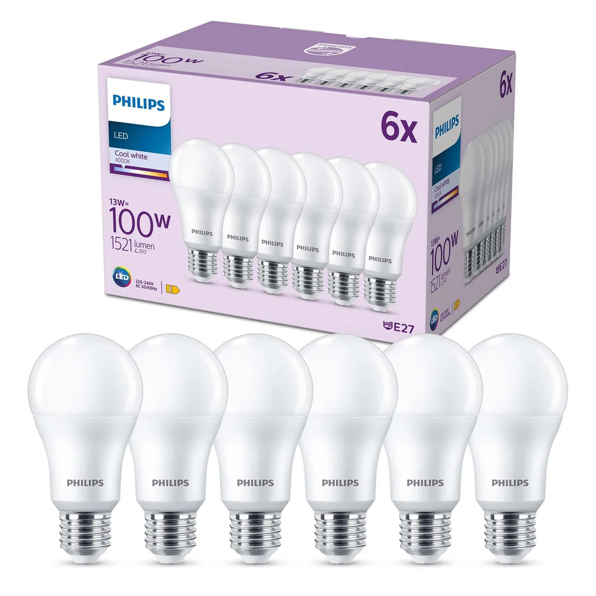 Philips LED E27, confezione da 6 lampadine, equivalente a 100 W, lampadine LED smerigliate, Plastica, Luce Bianca Naturale 4000K, LED a risparmio energetico con lunga durata