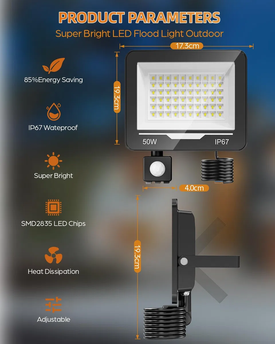 50W 5000LM Faretto LED da Esterno con Sensore di Movimento 1 Pezzi, 6500K Bianco Freddo Impermeabile IP67 Faretto Faro LED Esterno con Sensore Movimento per Cortile, Giardino