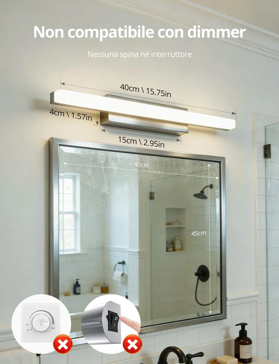 Yafido Luce per Specchio Bagno 40CM LED Applique Lampada Bianco Naturale 4000K, 9W Cromo Luci IP44 Moderno Lampade sopra Mobile Lavandino 230V Bathroom Light over Mirror