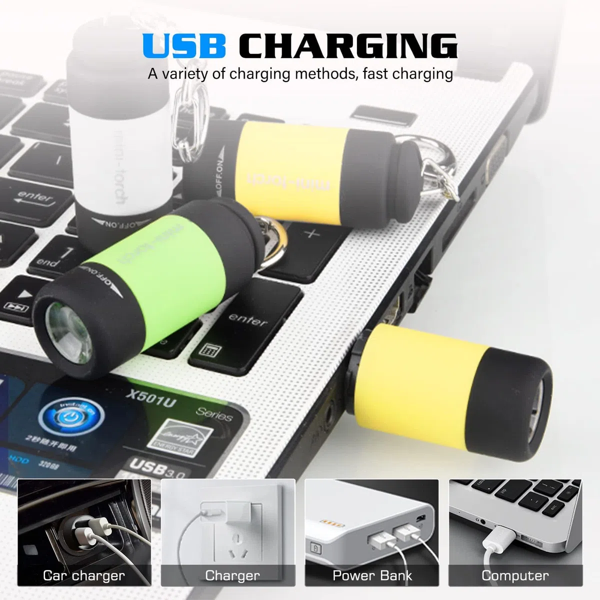 GOMETY 4 mini torcia LED per bambini, con rivestimento in silicone ricaricabile USB, impermeabile, con portachiavi (4, bianco, blu, verde, giallo)