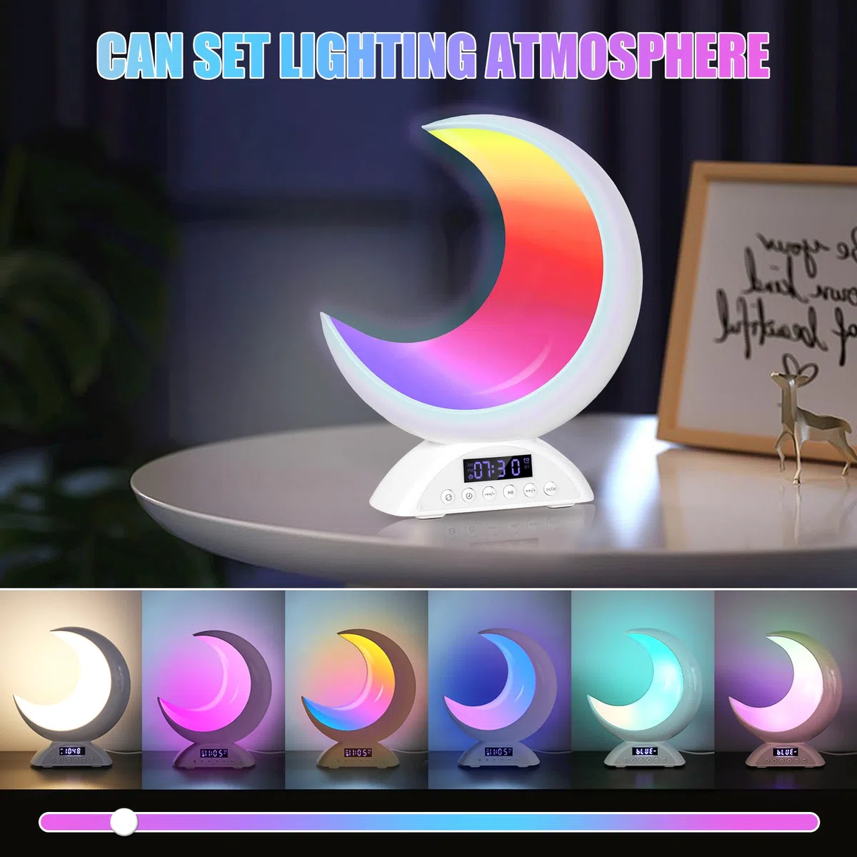 Lampada da Comodino a Forma di Luna, Luce Notturna con Altoparlante, Sveglia da Comodino Musicale, 20 Colori di Luce, USB Lampada Notturna Dimmerabile per Cameretta, Soggiorno