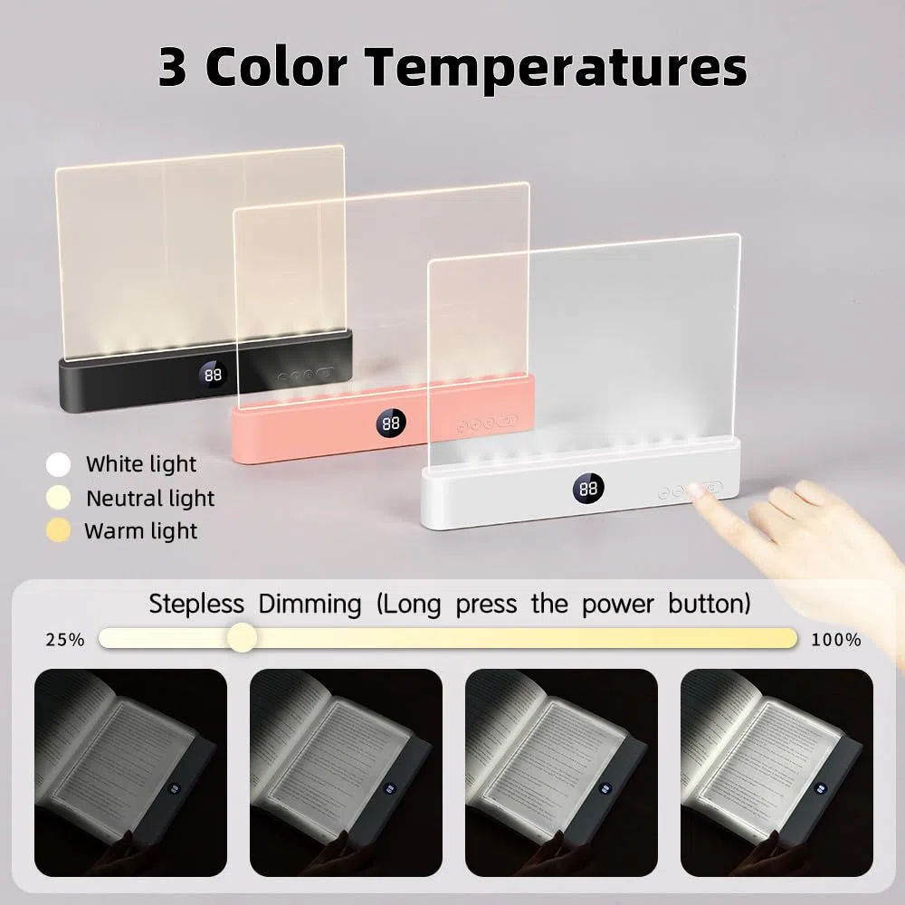 Lampada da lettura a LED piatta, 3 colori, per libri a letto con funzione di memoria, timer dimmerabile, lampada da comodino ricaricabile, regalo per amanti dei libri, per ragazzi e ragazze, donne,