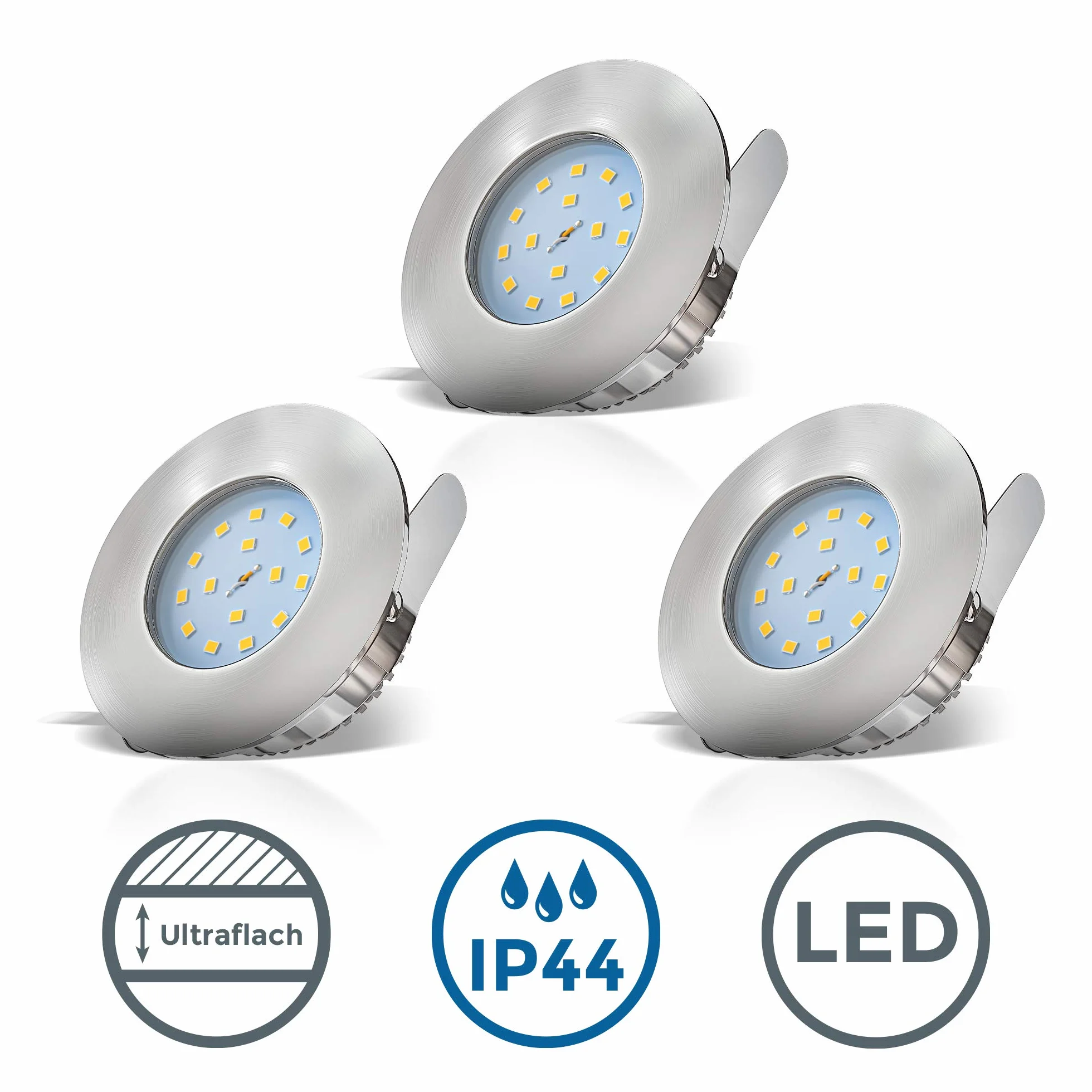 B.K.Licht Faretti LED ad incasso, 5W, diametro foro 60mm, faretti per bagno ultrasottili da soffitto, luce calda, plastica color nickel opaco, set da 3, 230V, IP44
