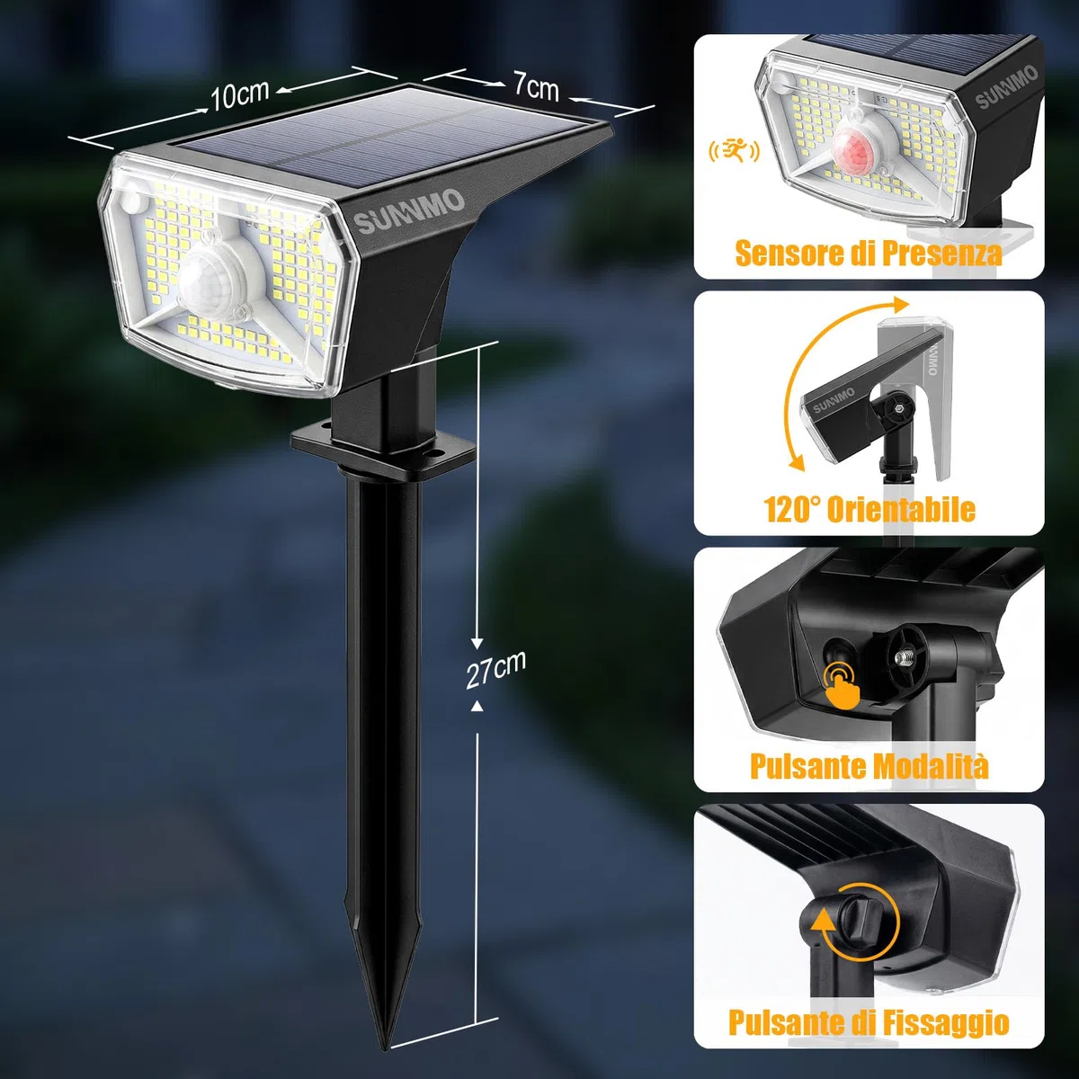Faretti Solari a LED da Esterno con Sensore di Movimento, Lampade Luci Solari da Giardino Potenti 104LED 3Modalità, Faretto LED da Esterno Solare Giardino IP65 Impermeabile Luce Fredda, 2 Pezzi