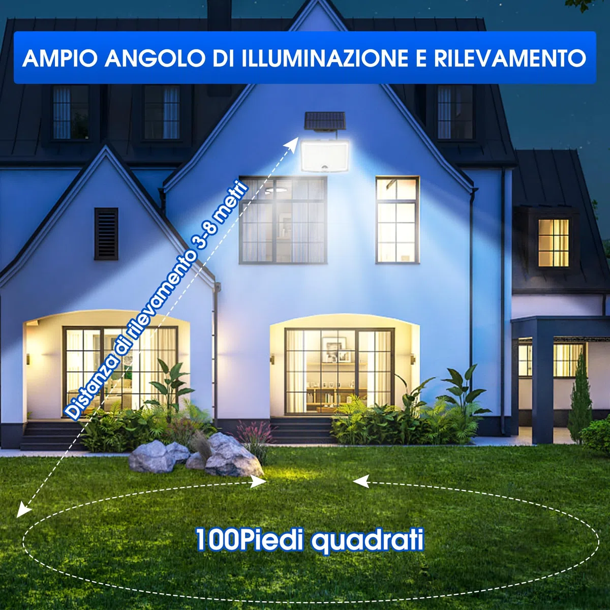 Faretto LED da Esterno Solare, Luce Solare LED Esterno 202 LED 3Modes Faro LED Esterno con Pannello Solare con Sensore di Movimento Impermeabile IP65 da Terra, Giardino 5M Cavo 2 Pezzi