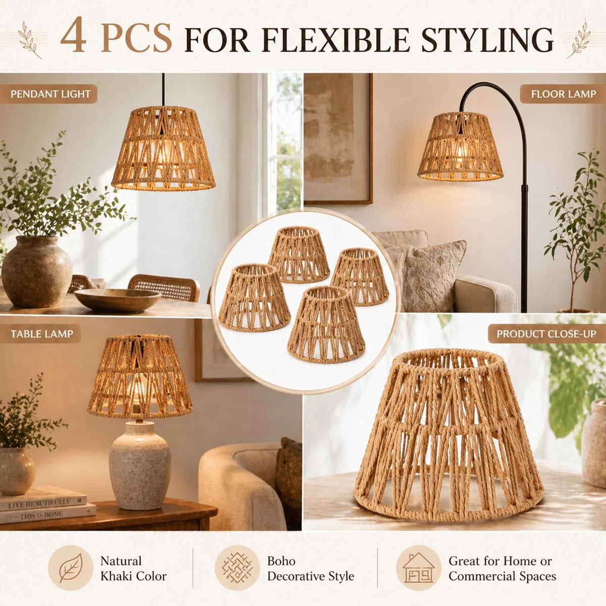 4 Pezzi Paralume in Rattan Naturale: Paralume in Stile Boho Rattan, Semplice Montaggio E Lunga Durata, Paralumes Rattans Intrecciato Lampada per Lampadario Soffitto Lampada Da Tavolo Lampade