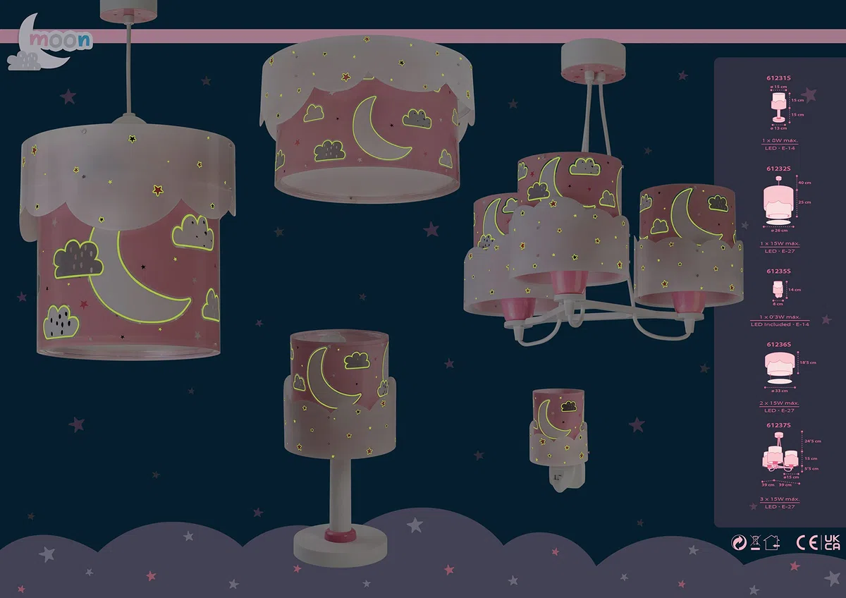 Dalber Lampada da comodino Moon, design luna e nuvole rosa