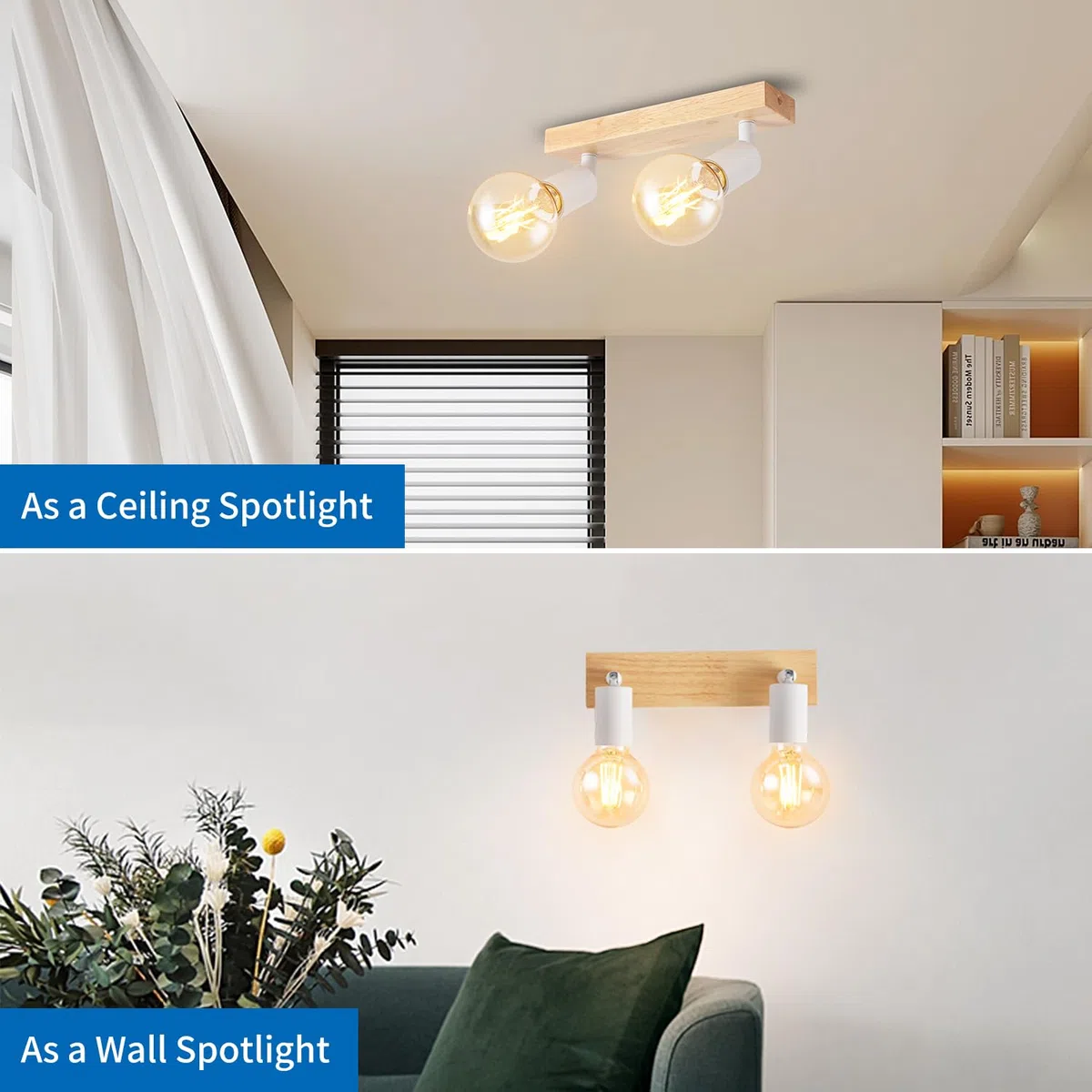 ANWIO Faretti da Soffitto Orientabili,Faretti da Muro,Lampadario con 2 Lampadine LED Attacco E27,Applique da Parete,Base di Legno,Plafoniera per Negozio, Bar,Vetrina,Cucina (Lampadine Escluse)