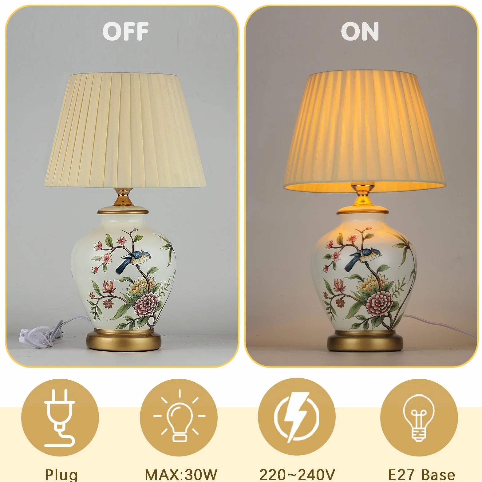 Lampada da tavolo in ceramica vintage, lampada da comodino per soggiorno, camera da letto in tessuto bianco, lampada da lettura, lampada da scrivania, lampada da notte stile moderno E27