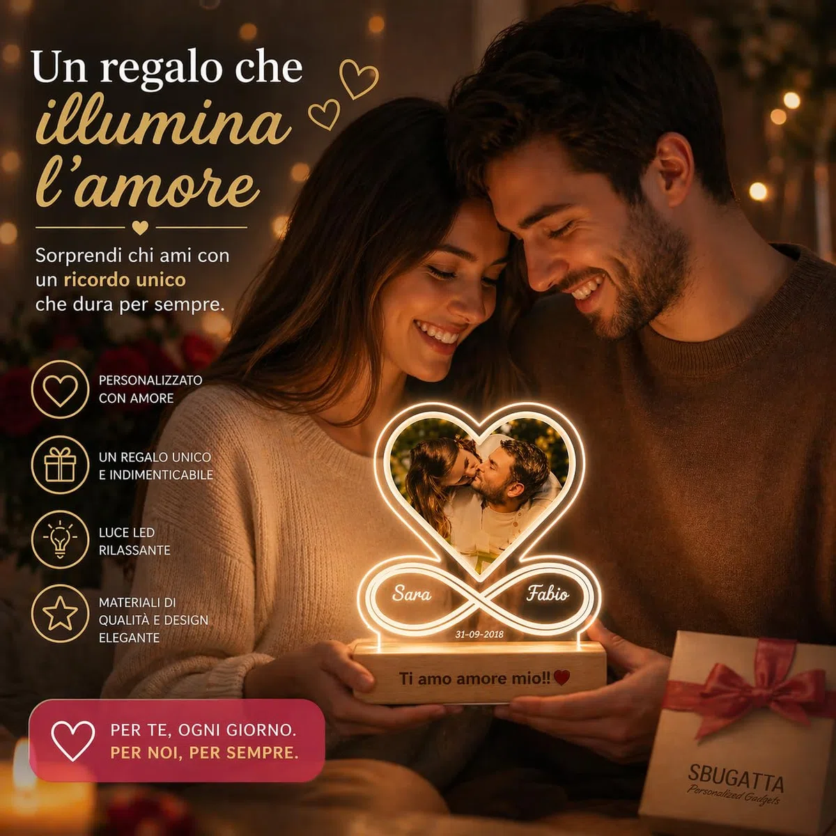 SBUGATTA |Lampada Personalizzata Con Foto |Idea Per lei e Lui |Festa della Mamma |idea San Valentino |Regalo Anniversario | Natale | Matrimonio(Cuore-Infinito)