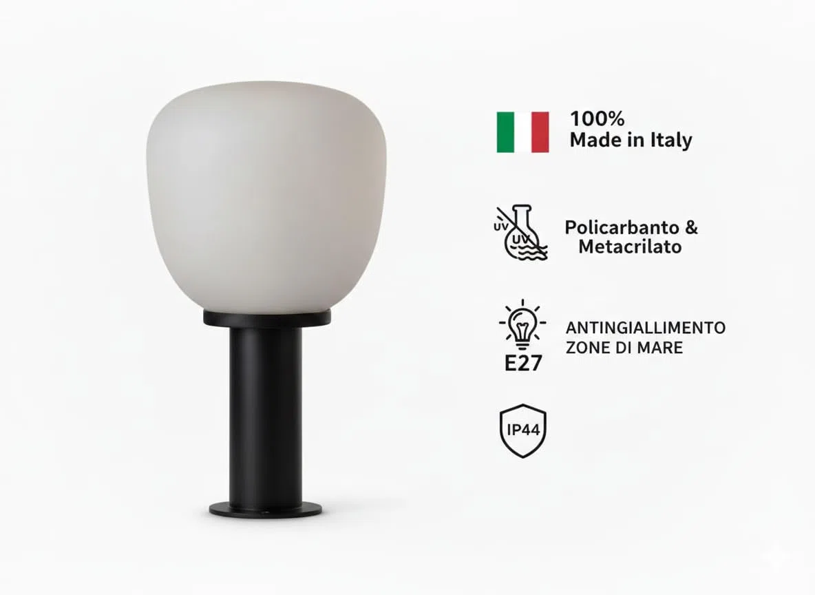 Generico Testapalo Classico a Jara e Applique da Muro, E27 Trasparente e Opale, Policarbonato e Metacrilato Antingiallimento, Made in Italy, IP44 per Pali 60mm e Facciate Esterne(Trasparente, D.300)