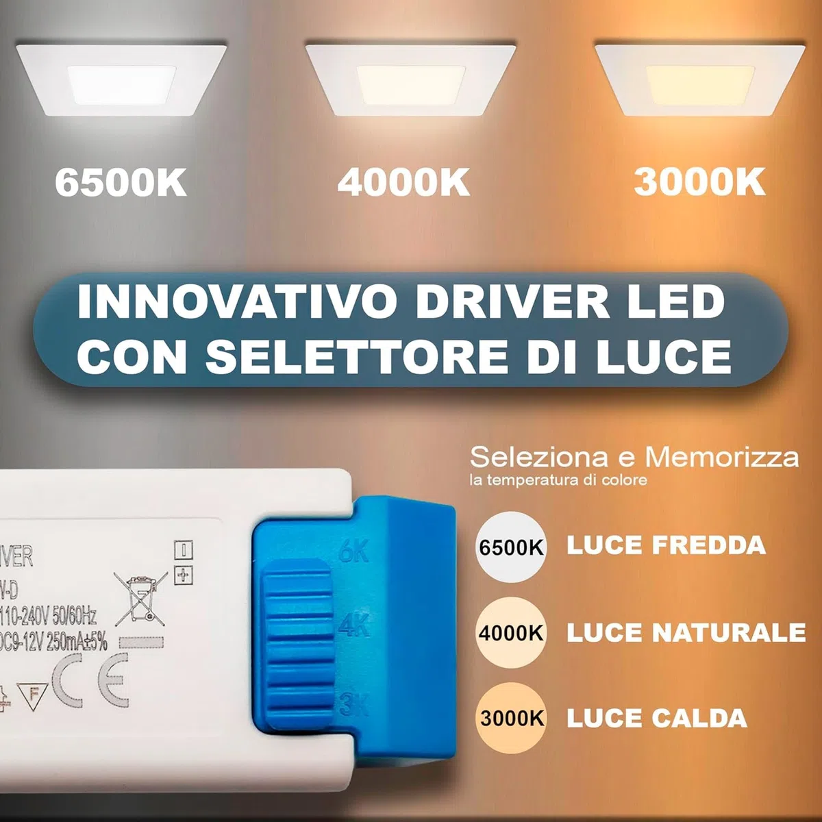 Faretto Led da Incasso Quadrato luce Bianca,(3,6,12,18,24W)-(luce calda, naturale, fredda), diametro foro da 75 a 285 mm ideale per soffitto, segnapassi, scale (3000K-4000K-6500K, [x2] 6 watt)