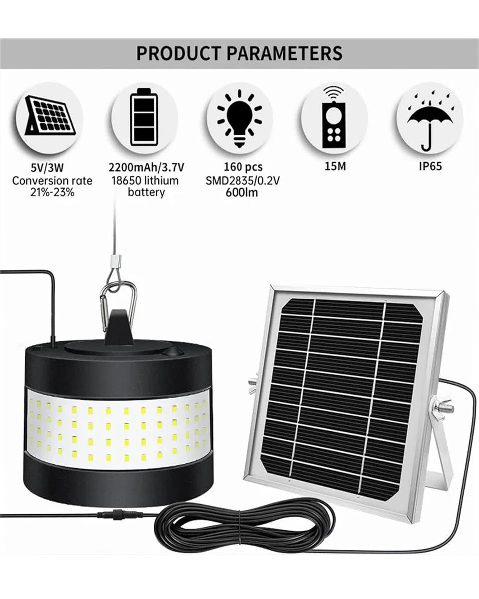 Lampada a sospensione solare con telecomando, lampade solari per esterni ed interni, dimmerabile, 160 LED/5 m/3 livello di luminosità dimmerabile