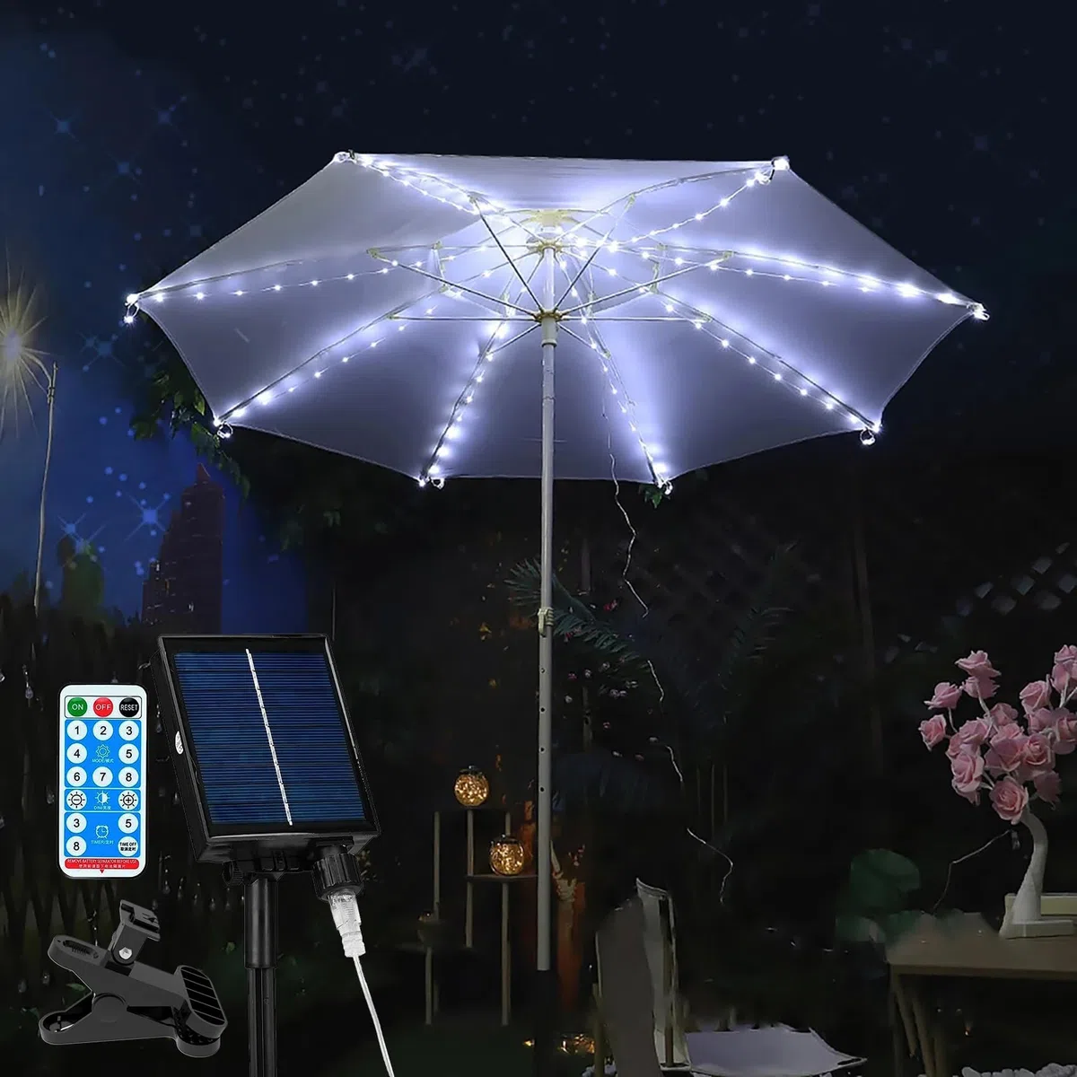 Luci solari per ombrellone da esterno con telecomando, 104 luci a LED impermeabili, 8 modalità dimmerabili, per giardino, terrazza, cortile, piscina (bianco)