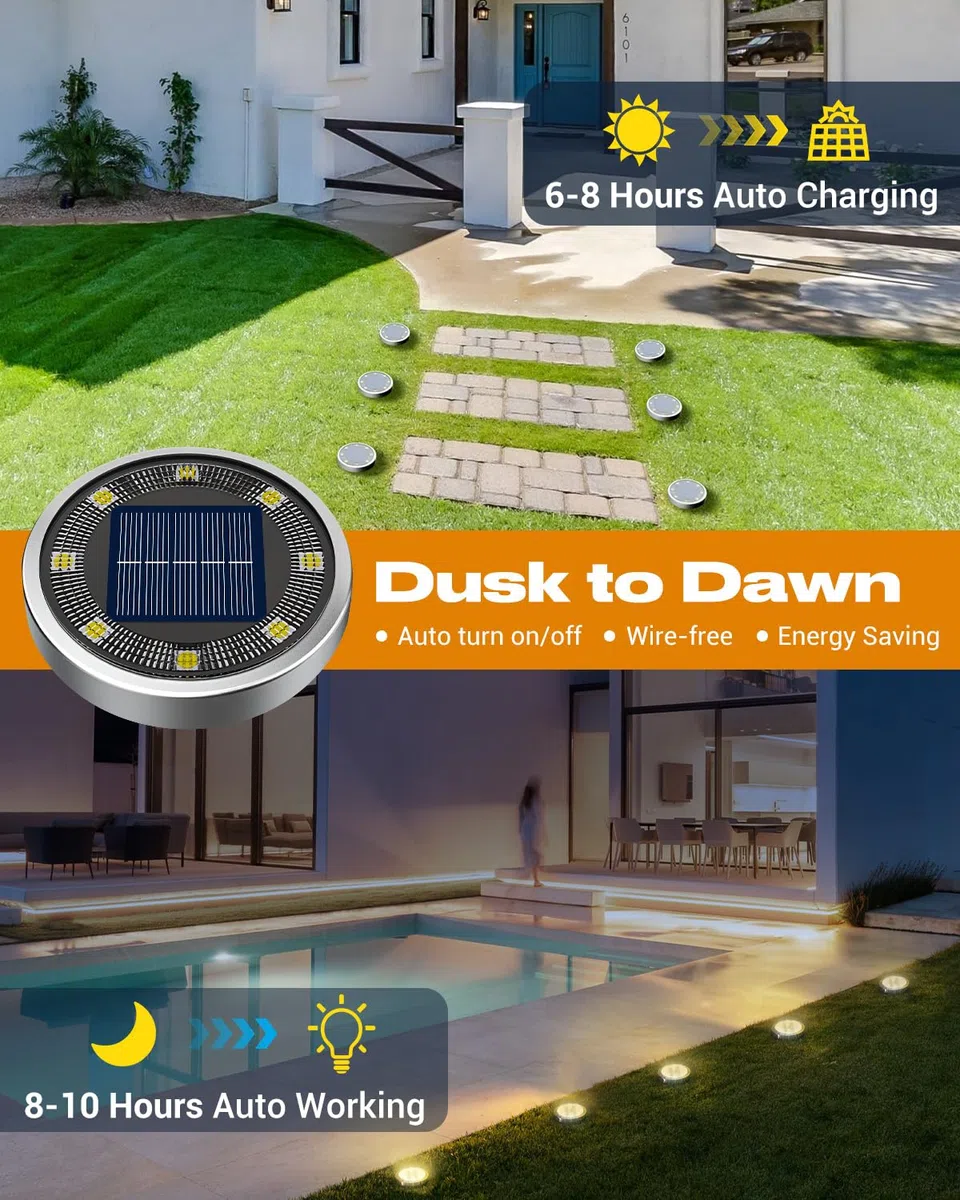 btfarm 8 Pezzi Luci Solari da Giardino, 8 LED Faretti Sepolta Solari a Led da Esterno, IP65 Impermeabile Lampade Faretto Solare da Terra per Prato Vialetto Cortile Strade Paesaggio, Bianco Caldo