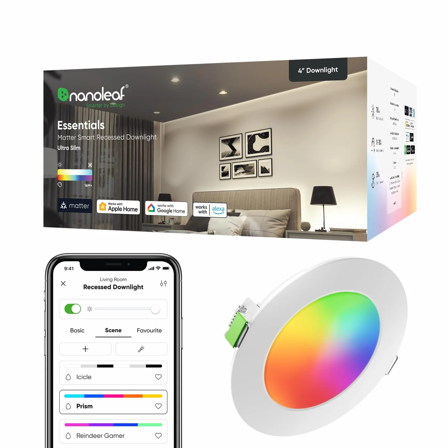 Nanoleaf Faretti LED da Incasso Soffitto Alexa, 550LM 1200K-6500K Compatibile con Google Home/App, Multicolore RGBCW Intelligente LED Dimmerabile per Cartongesso,1 Pezzo