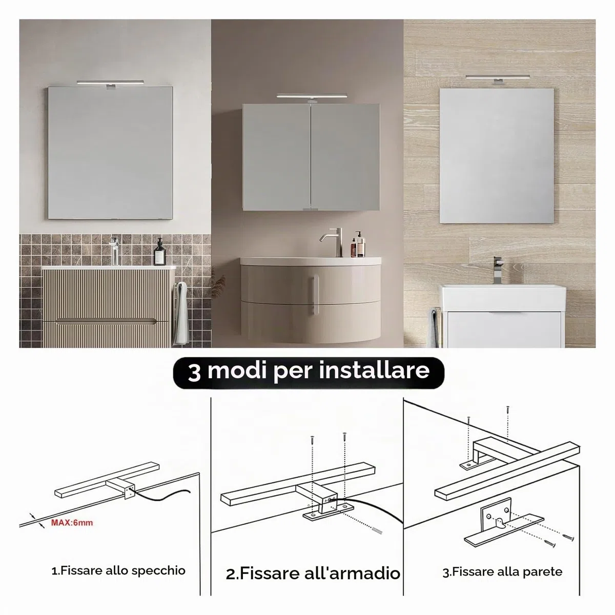 DEELUX Lampada a LED per specchio da bagno con interruttore, 30 cm, 500 lm, 5 W, 6000 K, bianco freddo, illuminazione per armadio a specchio, 230 V, luce per trucco, armadio, lampada da parete IP44