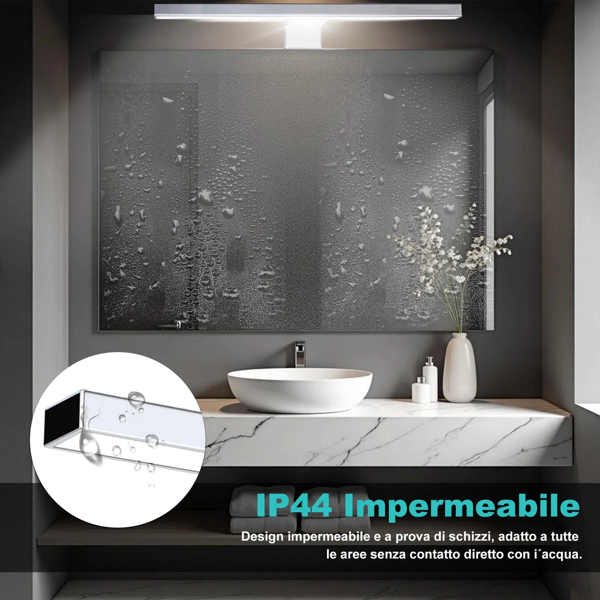 Lampada LED per specchio da, 8W 45 cm 230 V Luce neutra 4000K, Lampada da bagno moderna per luce da trucco, Lampada da mobile Luce da parete per bagno. IP 44 Impermeabile alluminatura