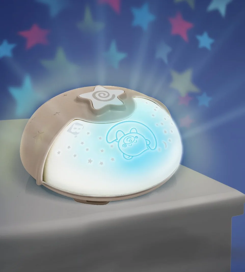 Infantino Luce Rilassante e Proiettore - Clip per Culla con Design Grow-with-Me, Proiettore Notte Stellata da Tavolo con Melodie Integrate e Sensori Sonori, Grigio