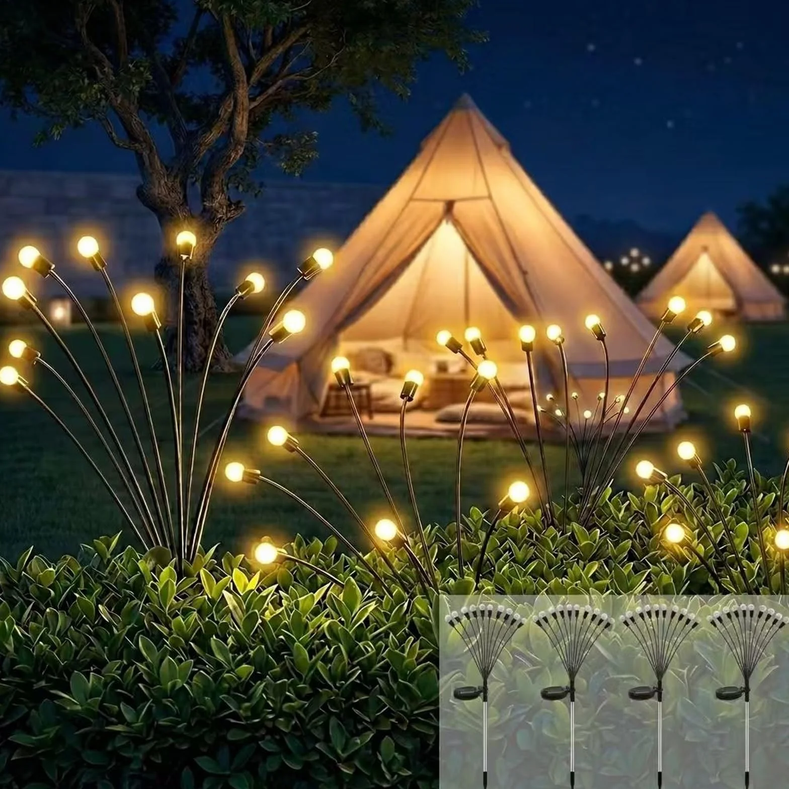 Lampada Solare Lucciola per Giardino Esterno, 4 Pezzi 10 LED Luci Solari Impermeabili IP65, Luce Decorativa Ondeggiante al Vento per Prato, Patio, Balcone, Feste(Bianco Caldo)