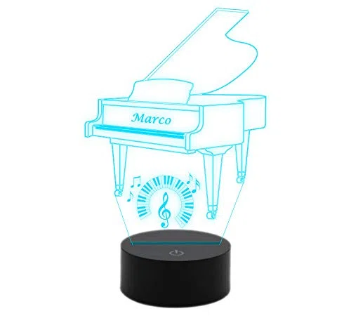 Generico Idea Regalo Musicista Piano Lampada LED Pianoforte Personalizzabile con Nome Musica - Acrilico e ABS - 7 Colori