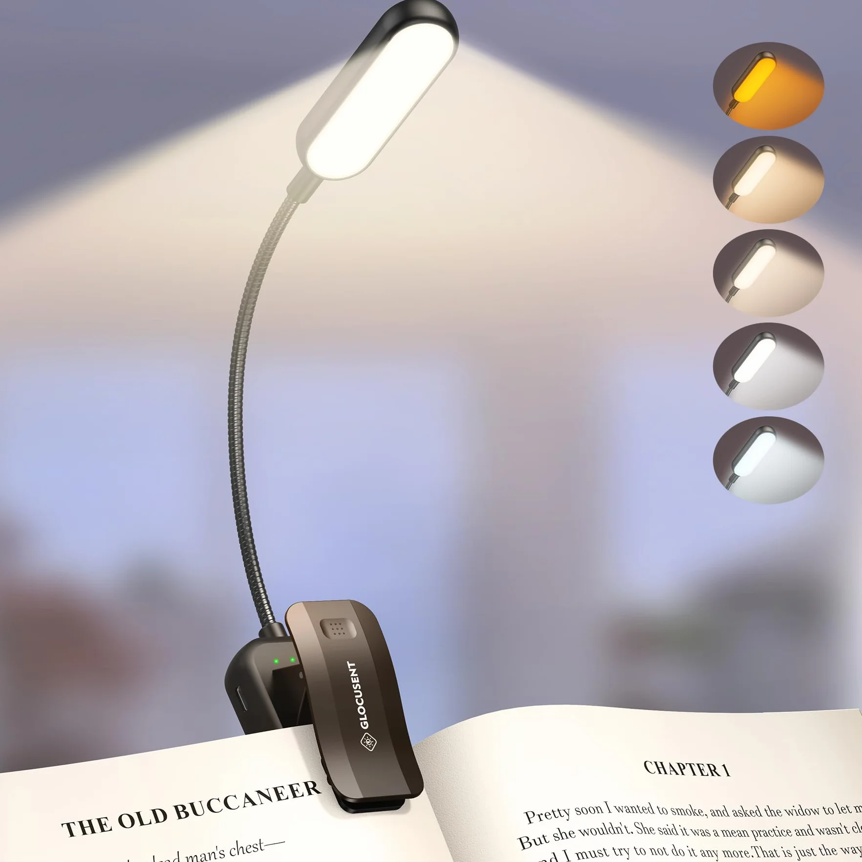 Glocusent - Lampada da lettura con morsetto, 20 LED, lampada da lettura ricaricabile tramite USB, 5 modalità di temperatura del colore, lunga durata, luminosità regolabile senza scatti, lampada da