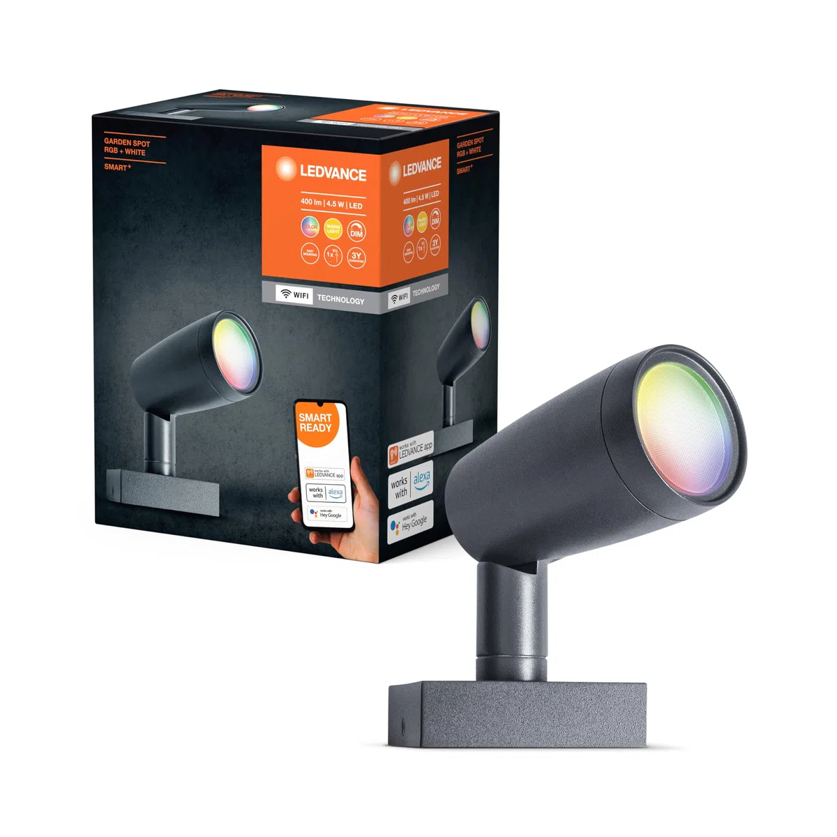 LEDVANCE Luce da giardino a LED intelligente con tecnologia WiFi, pacchetto base con 1 faretto per esterno, colori RGB modificabili, compatibile con Google e Alexa, SMART+ WIFI GARDEN SPOT 1P
