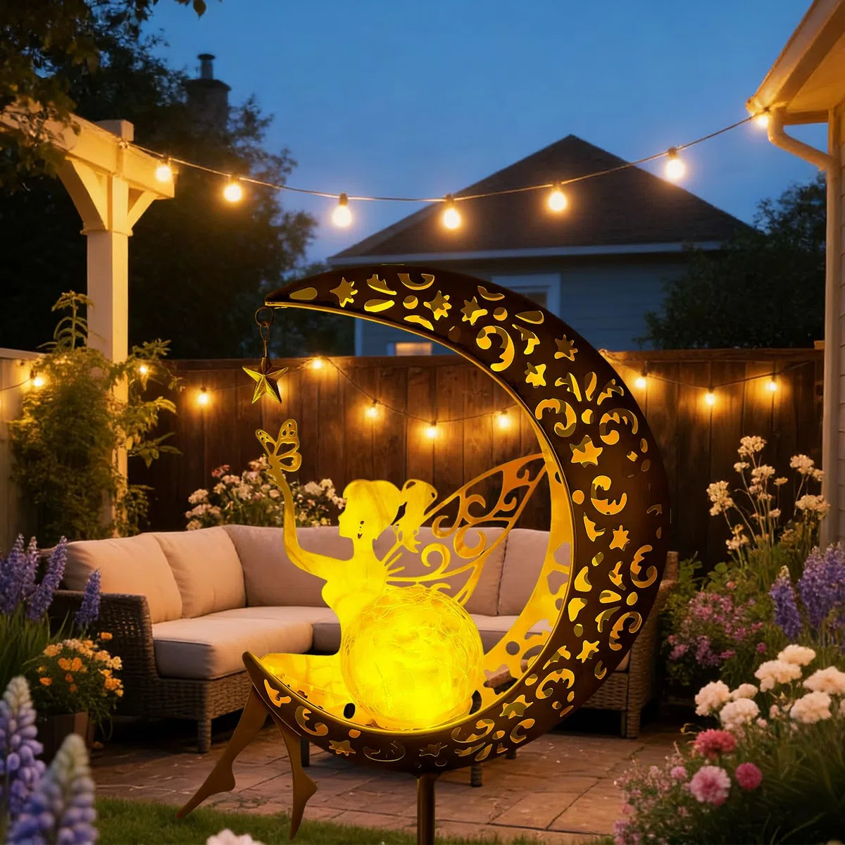 YeahBoom Lampada solare a forma di luna, da giardino, per esterni, per balcone, elfo, fata, impermeabile, per esterni, esterni, terrazza, cortile, prato