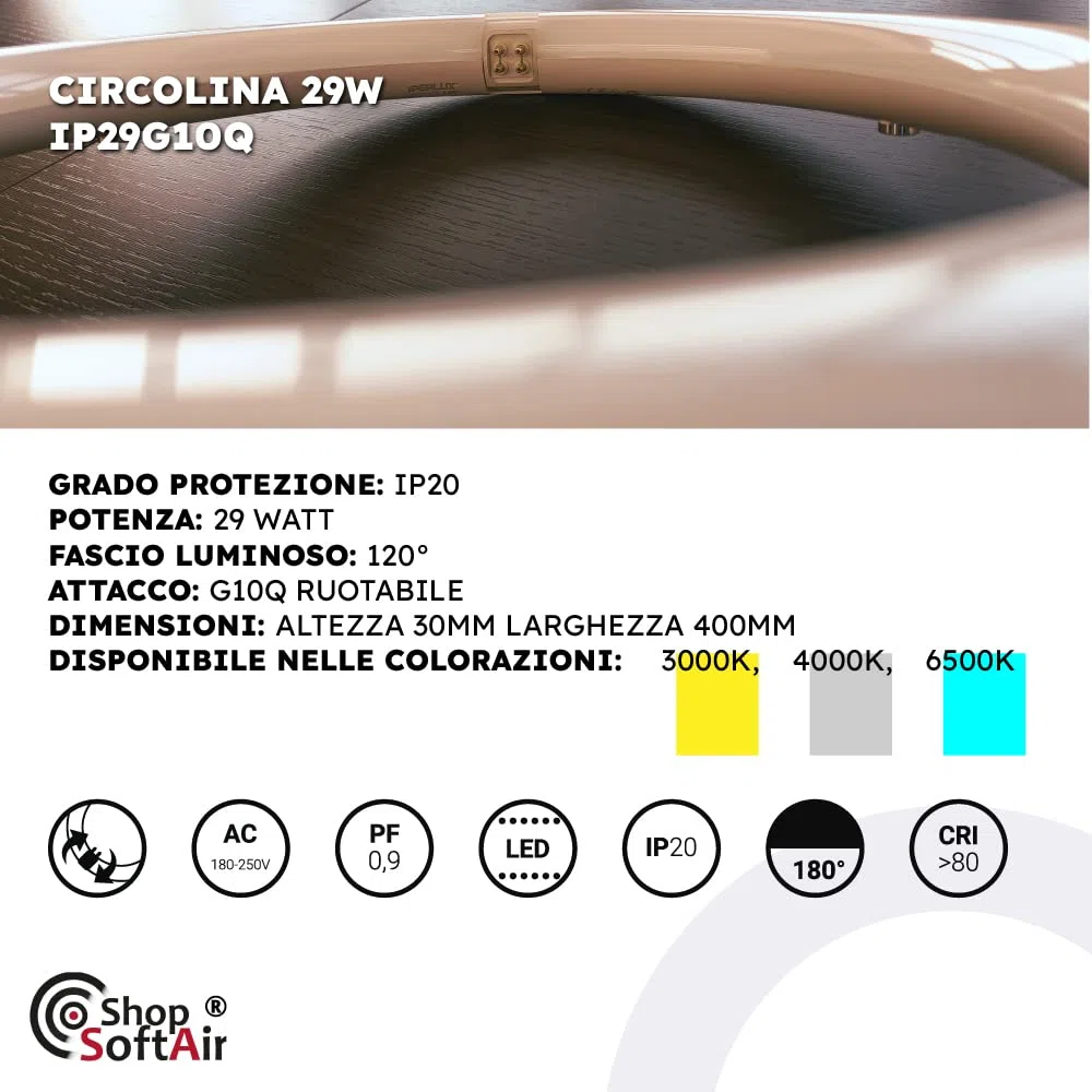 Circolina Led Consumo 29W Corrispondenza 175W diametro 40cm 3050LM Lumen Luce Bianco Naturale 4000k Calda 3000k Fredda 6500k Attacco G10Q T9 (Luce Naturale 4000k)
