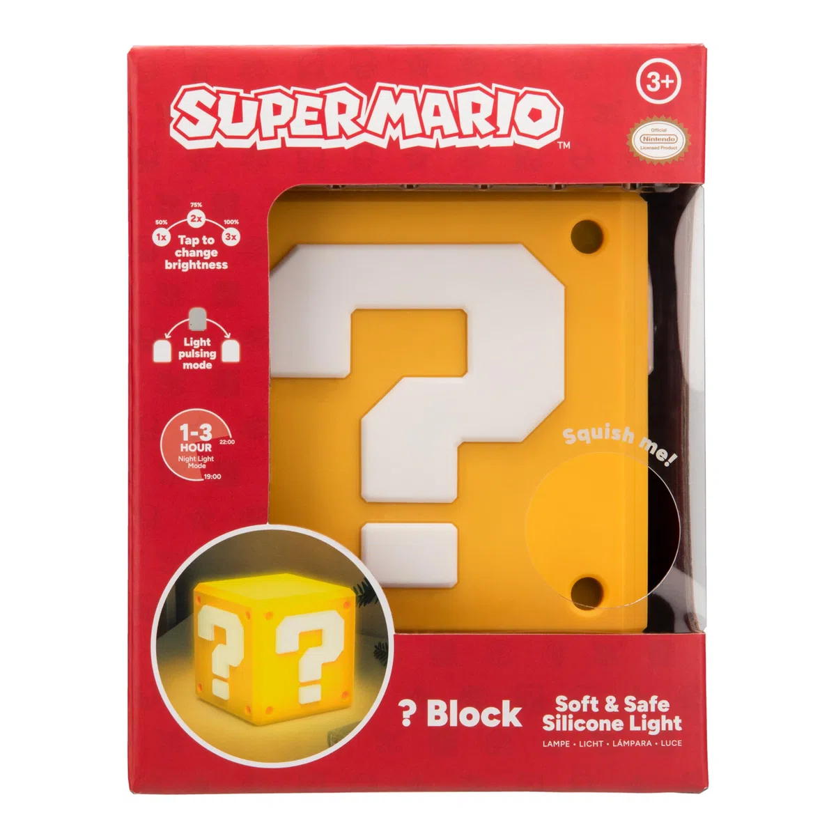 Paladone Lampada Super Mario Blocco SquishyGlo – Luce notturna LED in silicone ricaricabile, prodotto ufficiale Nintendo