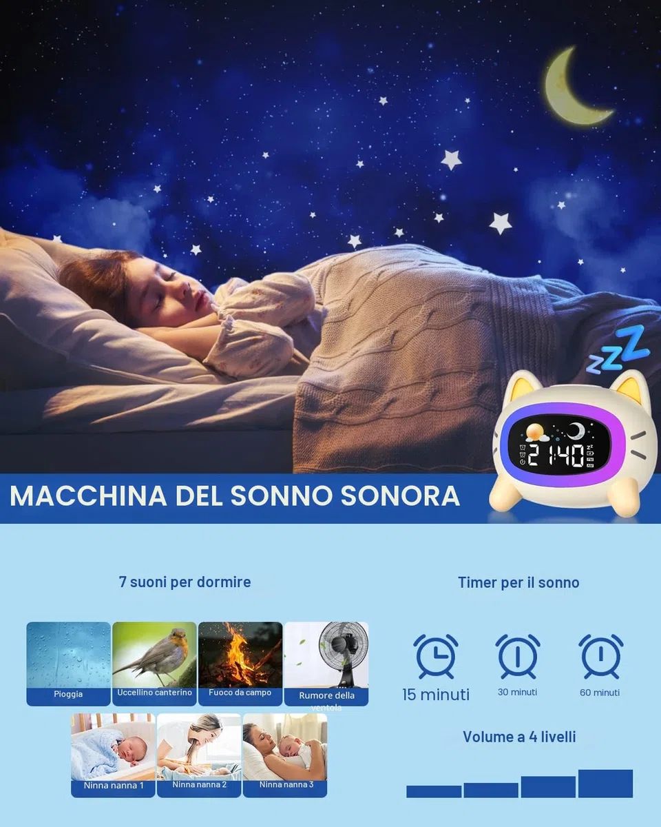 Uplayteck Sveglia per Bambini, Sveglia da Comodino per Bambine con 5 Luci Notturne & 4 Livelli di Luminosità, USB Ricaricabile Sveglie Luce Notturna con Snooze & 2 Allarme, Digitale LED con 7 Musica