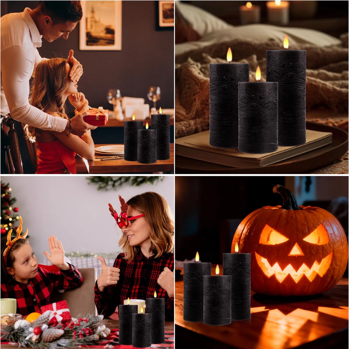 Candele LED Ricaricabili, [Set di 3] Candele a Colonna in Vera Cera, Senza Fiamma Candele LED con Cavo USB, con Telecomando a 10 Ttasti e Funzione Timer per Casa Festival Decorazioni - Nero