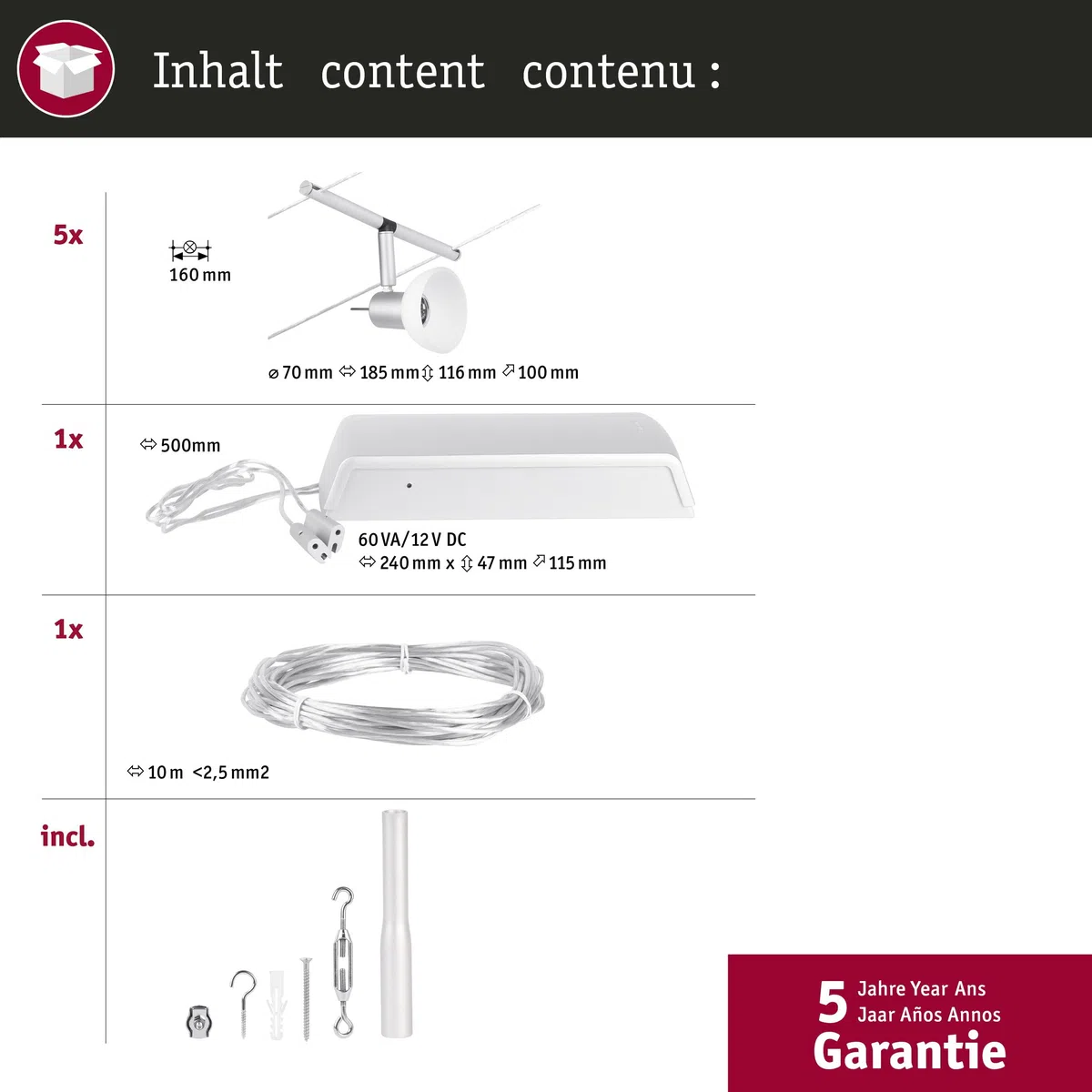 Paulmann CorDuo, sistema di cavi per faretti, 94448, set Sheela, massima CC 5 pezzi da 10 Watt l’uno, estensibile, cromato, opaco, cavi, in plastica, GU 5,3, senza lampadine
