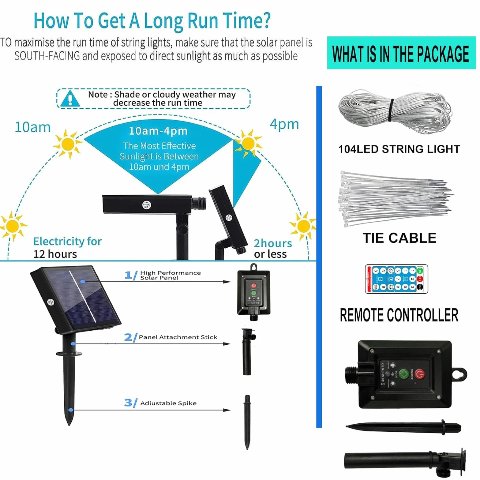 Luci a catena per ombrellone da patio, KINGCOO, luce per ombrellone impermeabile a energia solare con 104 LED, luci per palo da parasole, decorazione, 8 modalità, telecomando per ombrelloni da patio