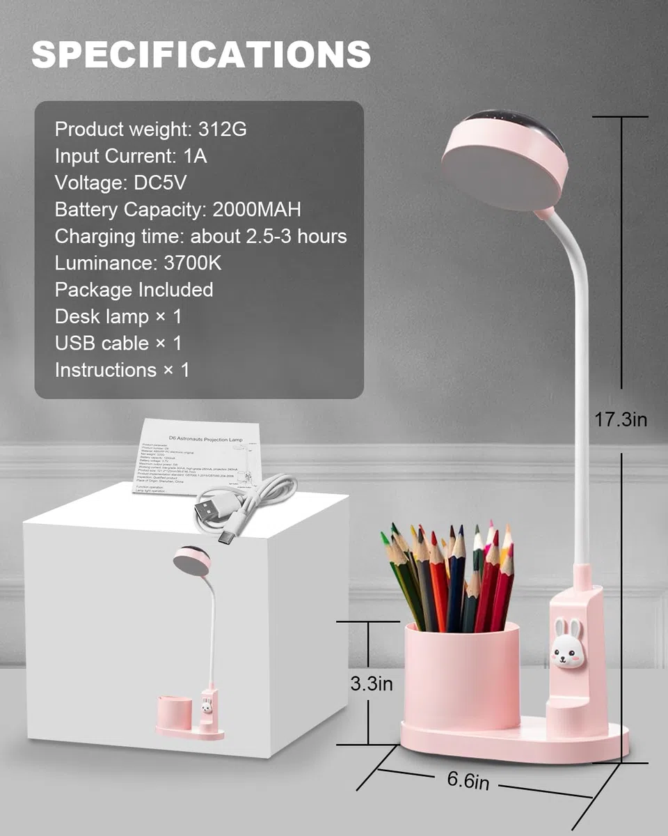 Lampada da tavolo per bambini con portapenne, carina lampada da scrivania LED, lampada da tavolo, lampada da studio per bambini con proiettore, lampada da comodino, tavolo, lampada per bambini