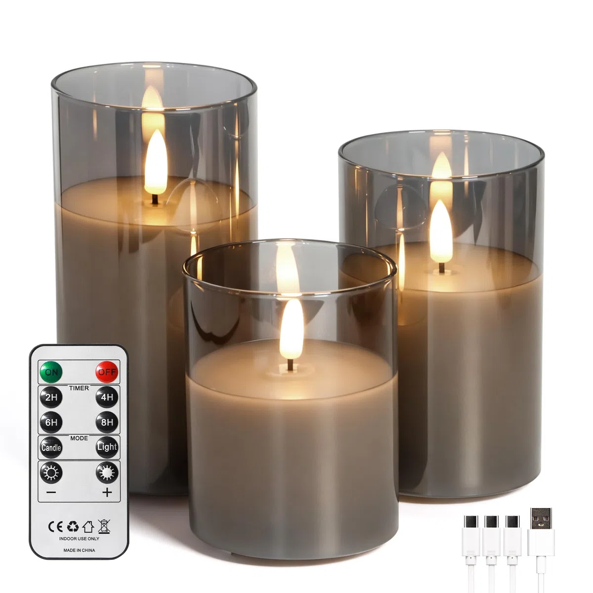 FREEPOWER Set di 3 candele a LED in vetro grigio con telecomando e timer, luce bianca calda tremolante, ricaricabili tramite cavo USB, senza fiamma, cera vera, Ø 7,5 x 10/12,5/15 cm