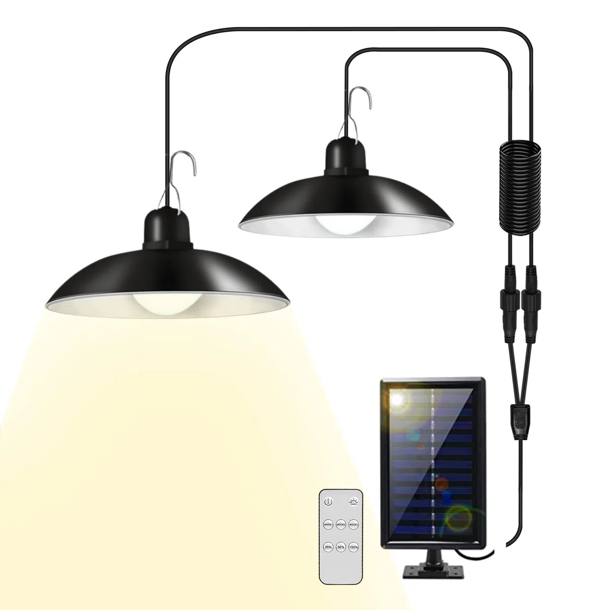 2 Lampade a Sospensione Solari da Esterno con Pannello Solare. Luci 30LED impermeabili IP44 con Telecomando e Cavo da 3 m. Illuminazione Calda 3500K per Giardino, Terrazzo, Patio, Garage.