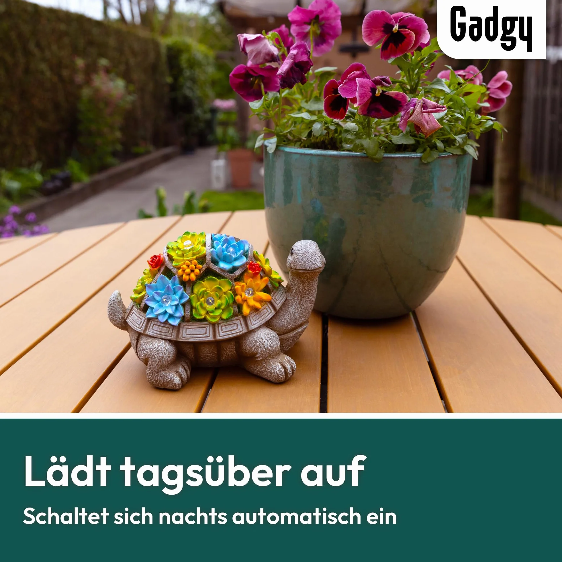 Gadgy Solar Gartenfiguren Schildkröte - Solarlampen für außen - Solarleuchte Figuren Deko mit Sukkulenten - Gartendeko für draußen - Balkon Deko Tierfigur - Gartenfigur Ornament Solarlaterne