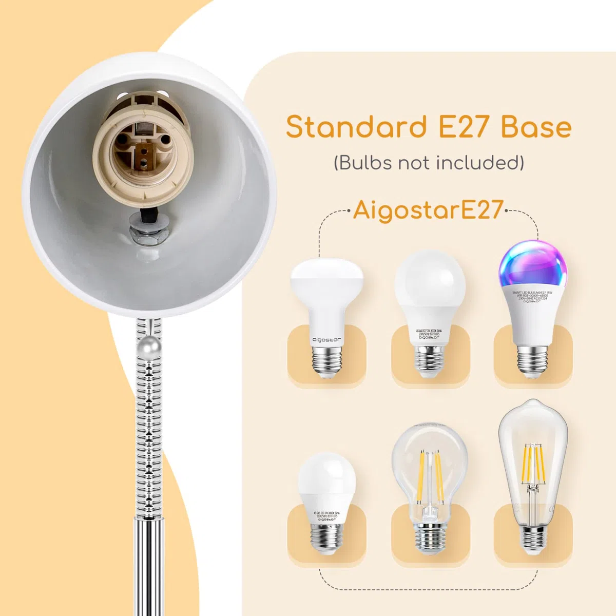 Aigostar Lampada da Lettura Vintage E27, Lampada con Pinza in Metallo Flessibile e Regolabile, Lampada da Scrivania con Clip con Spina, Cavo da 1,5 m con Interruttore, Bianco