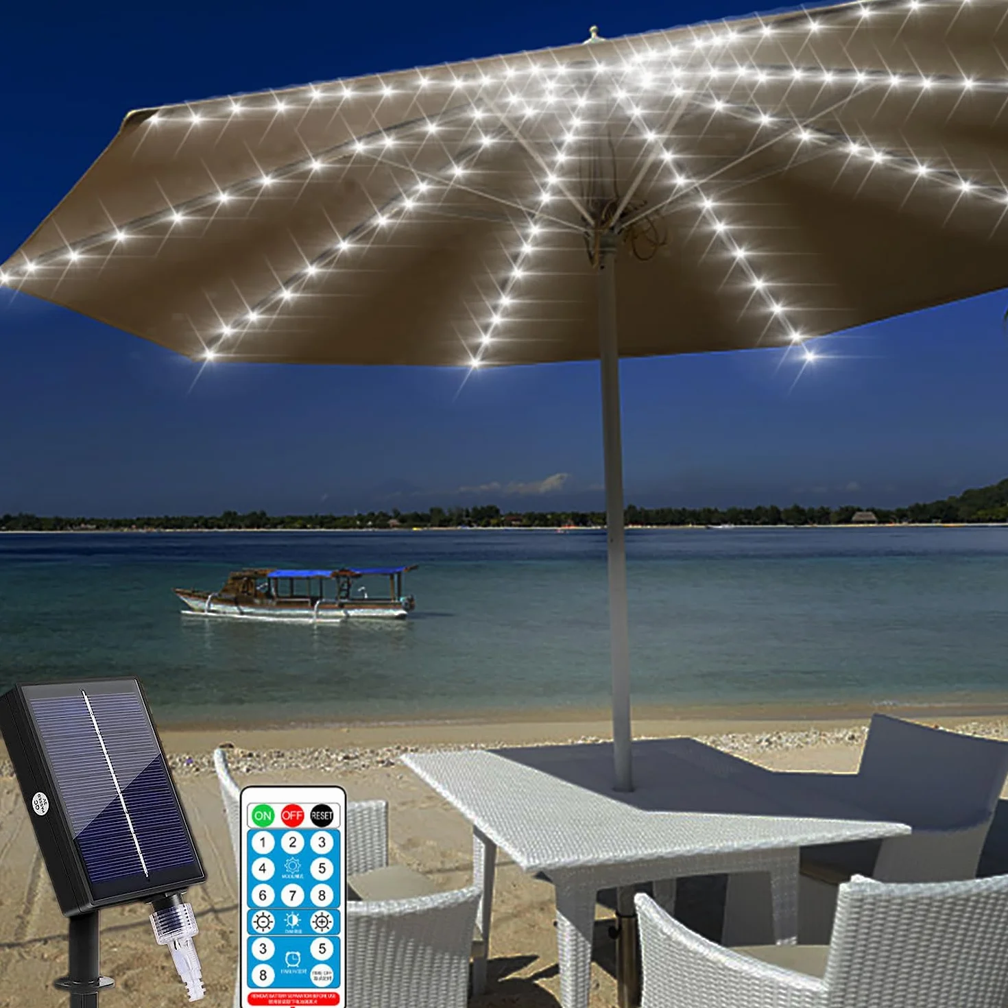 Luci a catena per ombrellone da patio, KINGCOO, luce per ombrellone impermeabile a energia solare con 104 LED, luci per palo da parasole, decorazione, 8 modalità, telecomando per ombrelloni da patio