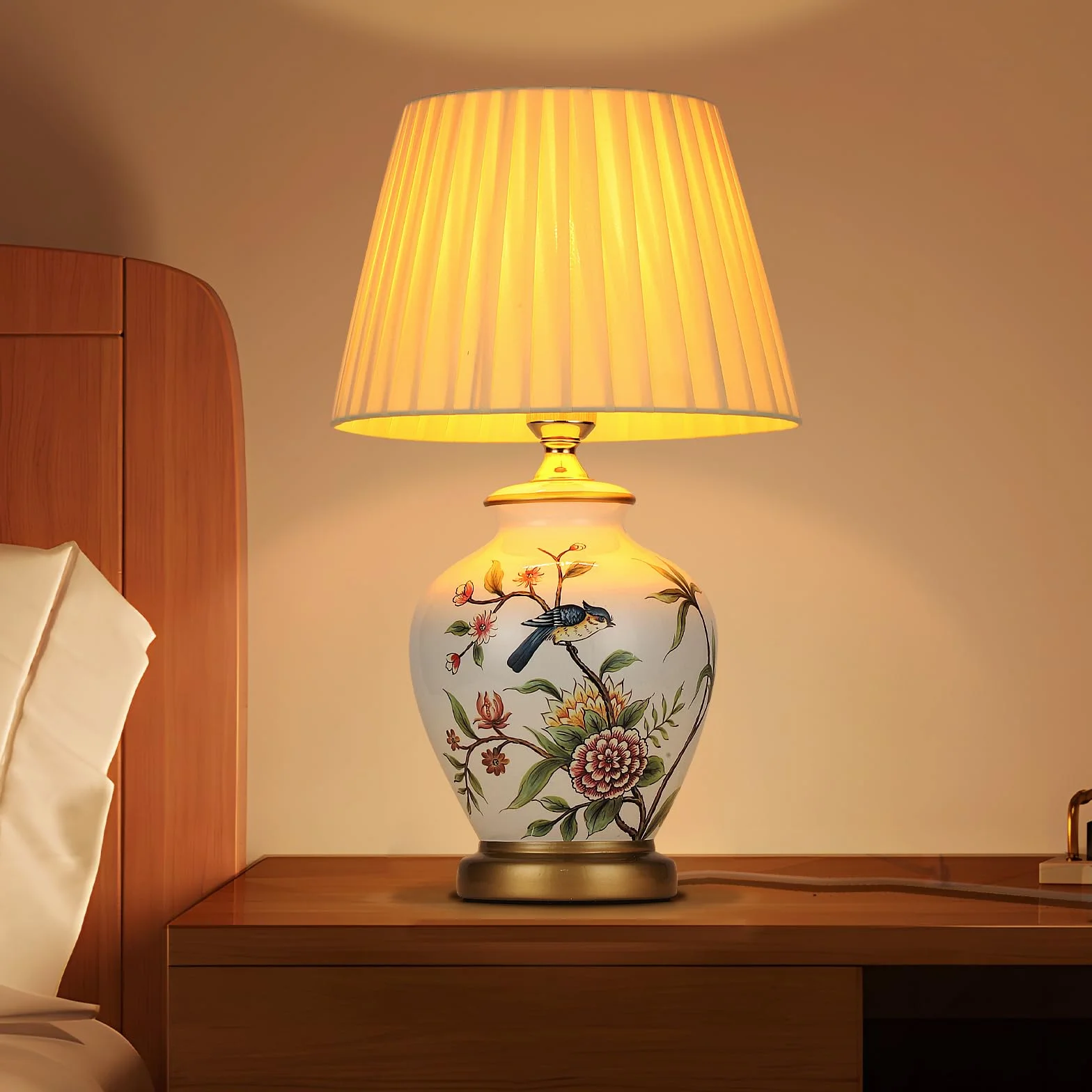 Lampada da tavolo in ceramica vintage, lampada da comodino per soggiorno, camera da letto in tessuto bianco, lampada da lettura, lampada da scrivania, lampada da notte stile moderno E27