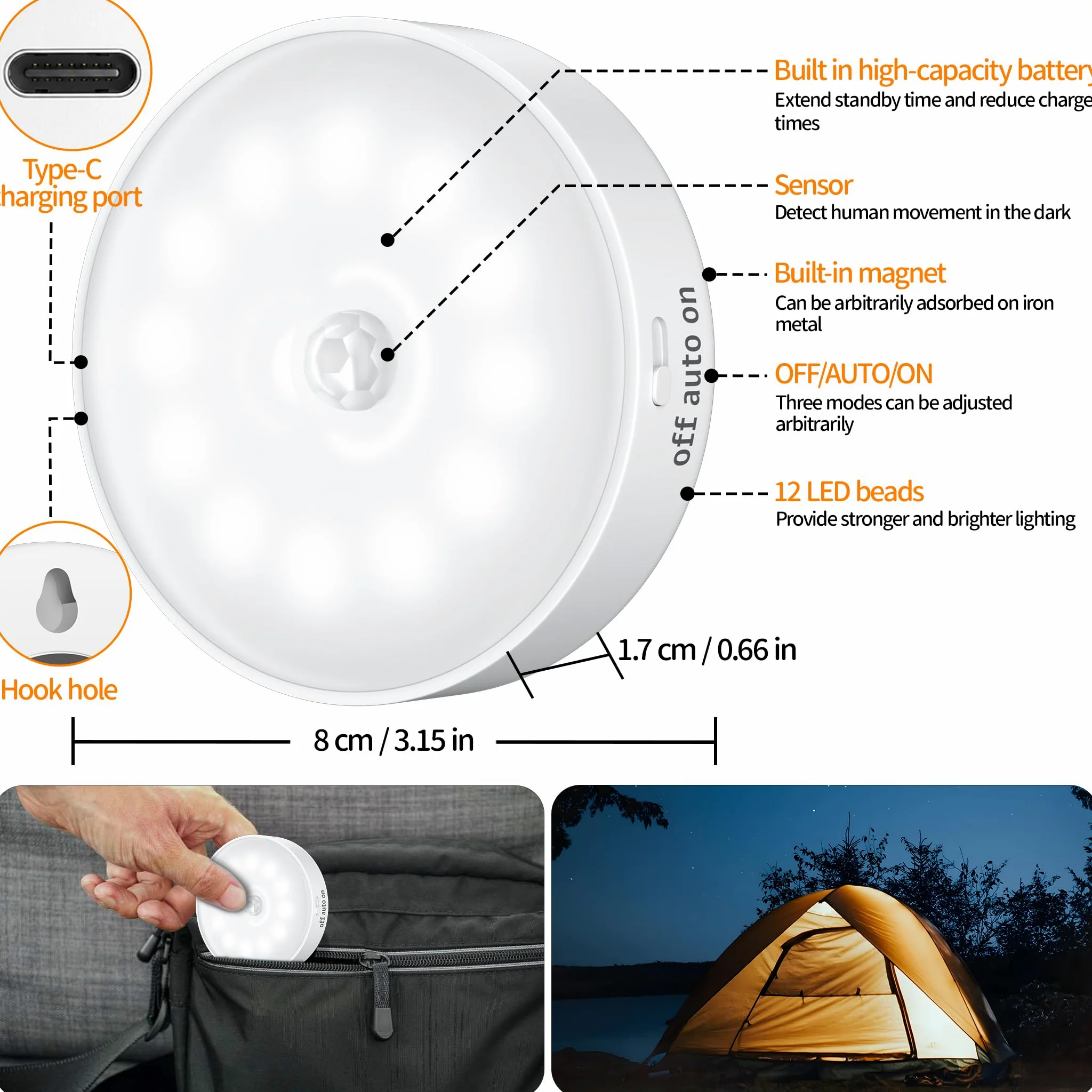 Set di 6 Luci Notturne con Sensore di Movimento, Lampada LED Ricaricabile USB a 3 Modalità di Illuminazione, Luce Sensore di Movimento Interno per Illuminazione di Scale, Corridoio, Camera da Letto