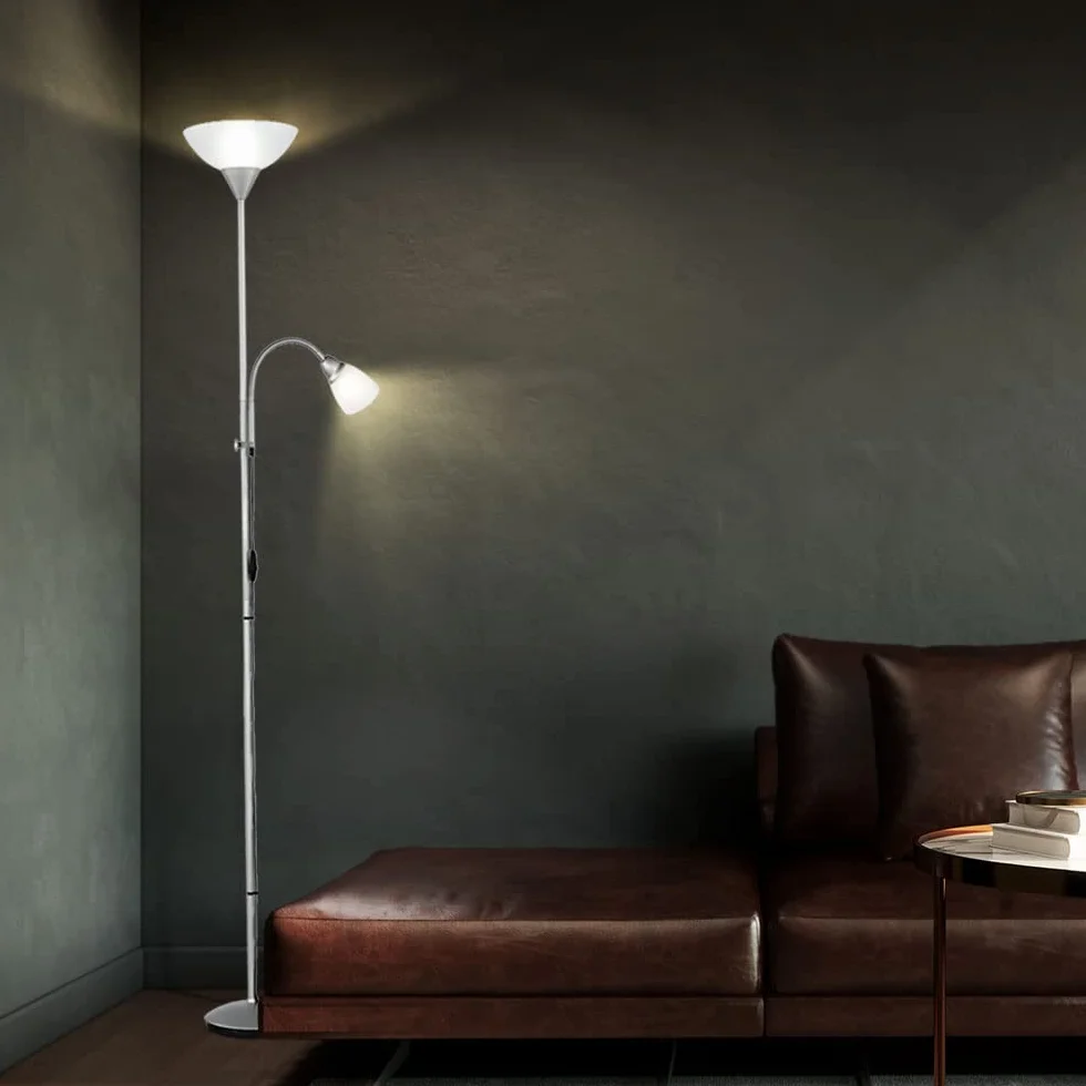 Reality Leuchten Reality R4393-87 Erzwo Piantana, 1xE27 150 W/1xE14 40 W LED, Metallo, Titanio/Bianco, 180 cm, 1 Unità (Confezione da 1)