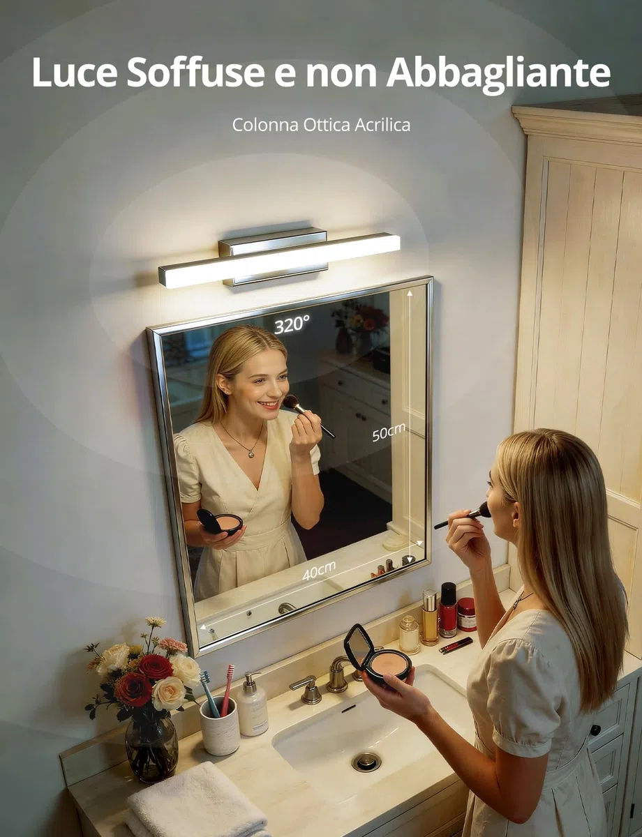 Yafido Luce per Specchio Bagno 40CM LED Applique Lampada Bianco Naturale 4000K, 9W Cromo Luci IP44 Moderno Lampade sopra Mobile Lavandino 230V Bathroom Light over Mirror
