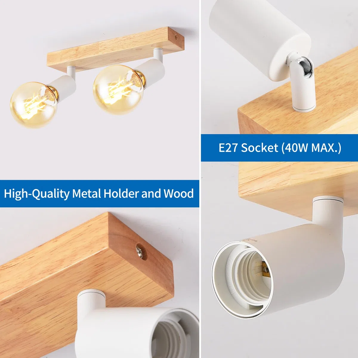 ANWIO Faretti da Soffitto Orientabili,Faretti da Muro,Lampadario con 2 Lampadine LED Attacco E27,Applique da Parete,Base di Legno,Plafoniera per Negozio, Bar,Vetrina,Cucina (Lampadine Escluse)