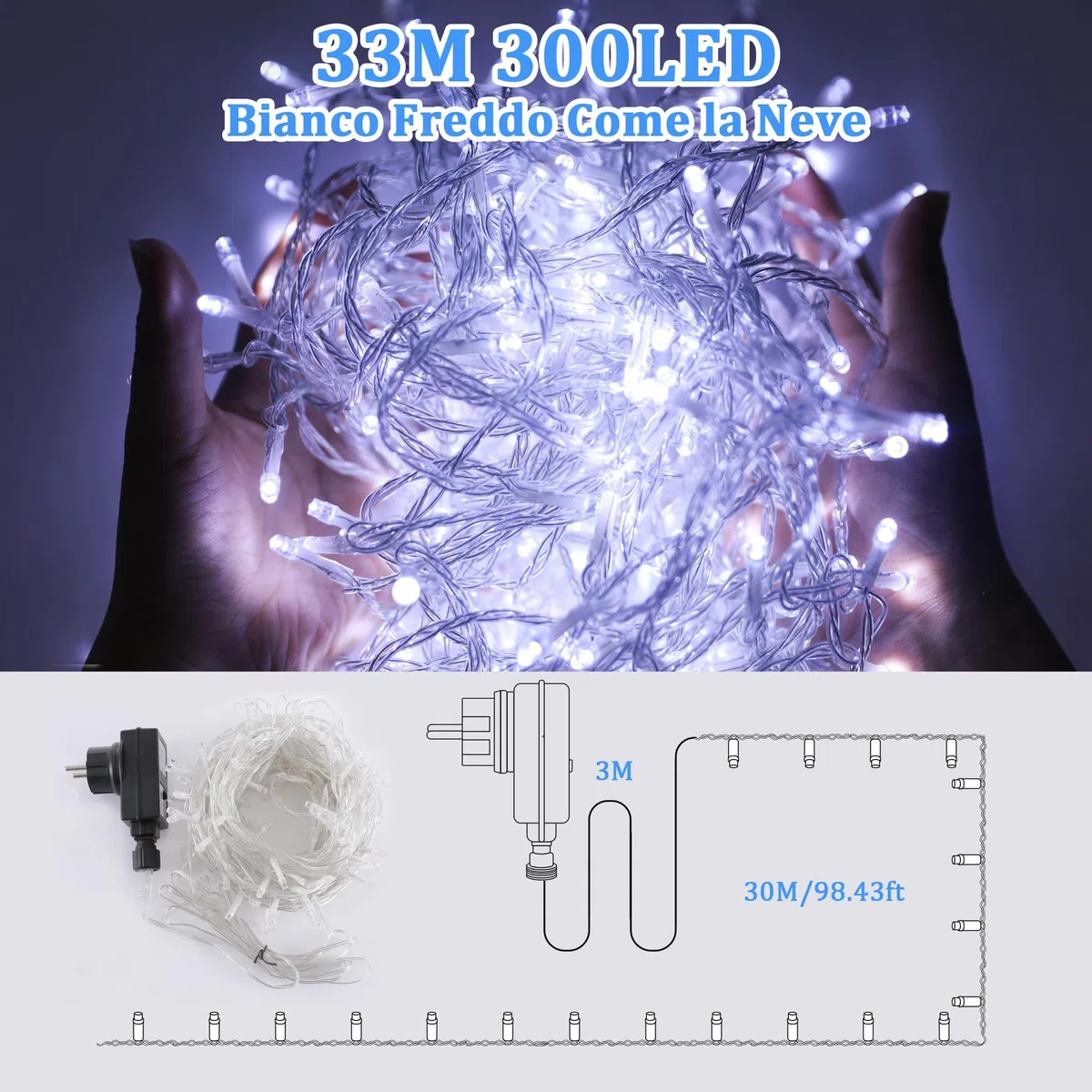 Catena Luci LED 33M 300LED Luci Natalizie Bianco Freddo Stringa Luci 8 Modalità IP44,Catena Lumonosa Decorazione Luci Albero Natale Matrimonio Giardino Patio Mostra Feste