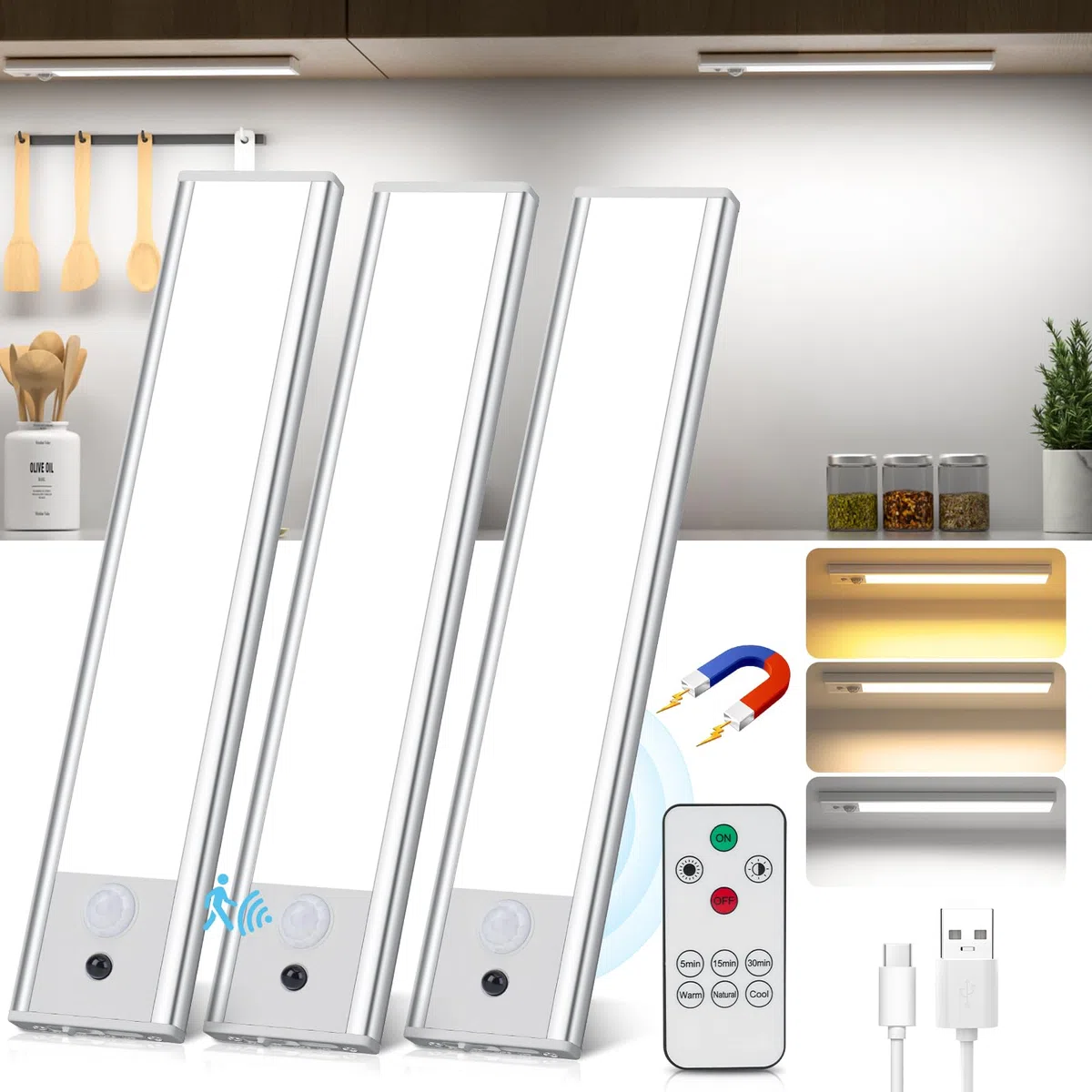 Led Sottopensile Cucina, 20.5CM Luce Led Sottopensile con Telecomando, 3000K-6500K Dimmerabile Luci LED Cucina con Sensore di Movimento per Armadio Scale Corridoio, 3 Pezzi