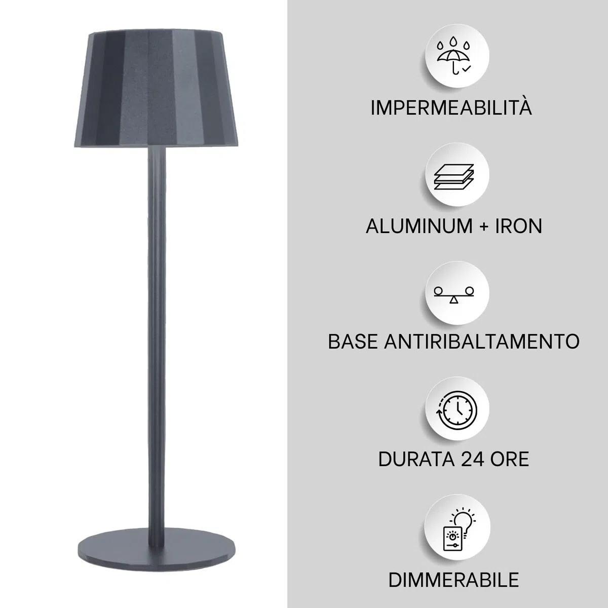 Classic Lampada da Tavolo Design Senza Fili Impermeabile IP54 in Alluminio Autonomia 23 Ore, Lampada Dimmerabile Led Senza Fili Ricaricabile con Touch Control, 5200 mAh (Antracite)